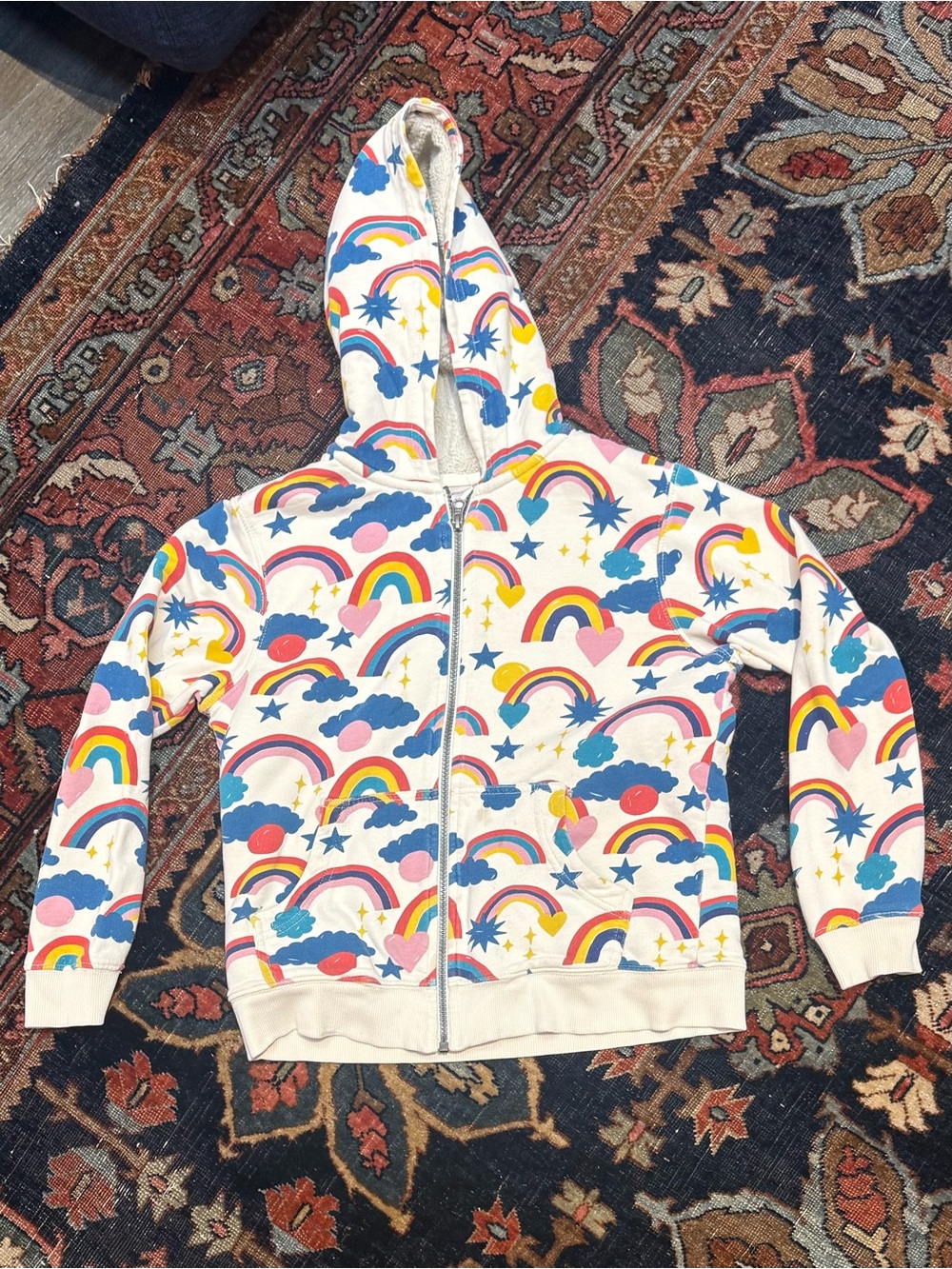Hanna Andersson Cream Zip Hoodie with Rainbow, Blue Clouds & Pink Hearts